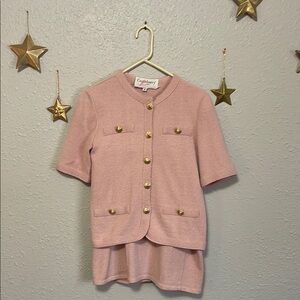 Pink Short Sleeve Jacket with Gold Buttons and matching pink skirt